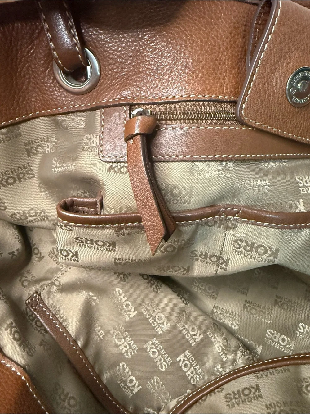 Michael Kors Tan Beige MK Signature Tote with Brown Trim